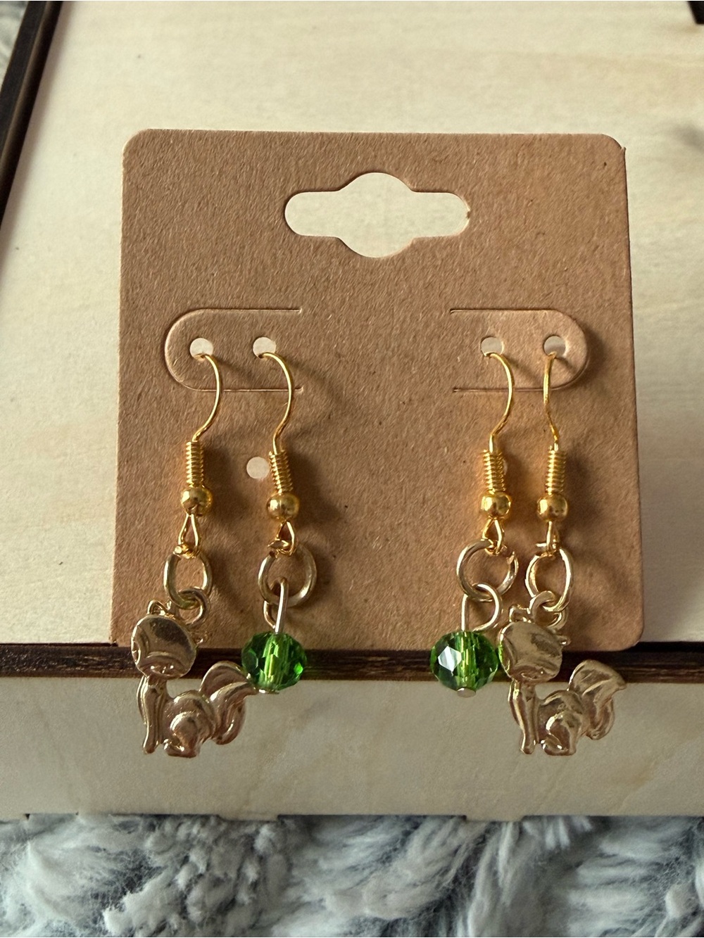 Gold Cat Charm Earrings with Green Crystal Beads